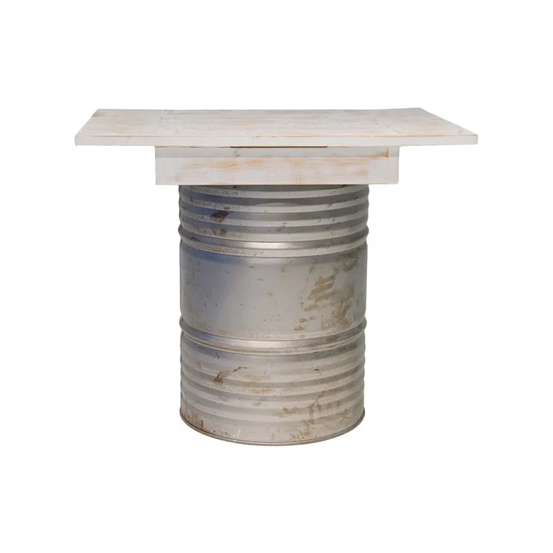 F-OL501-OW Type 1 Rex high table in off-white tinted wood with distressed oil drum