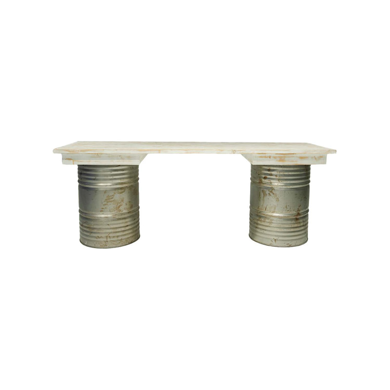 F-OL503-OW Type 3 Rex high table in off-white tinted wood with 2 x distressed oil drums