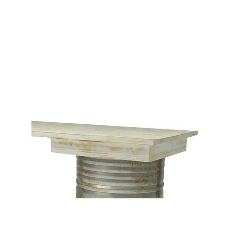F-OL503-OW Type 3 Rex high table in off-white tinted wood with 2 x distressed oil drums