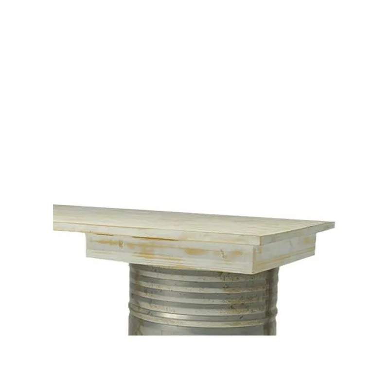 F-OL503-OW Type 3 Rex high table in off-white tinted wood with 2 x distressed oil drums