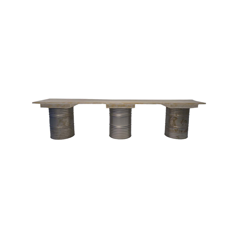 F-OL504-OW Type 4 Rex high table in off-white tinted wood with 3 x distressed oil drums