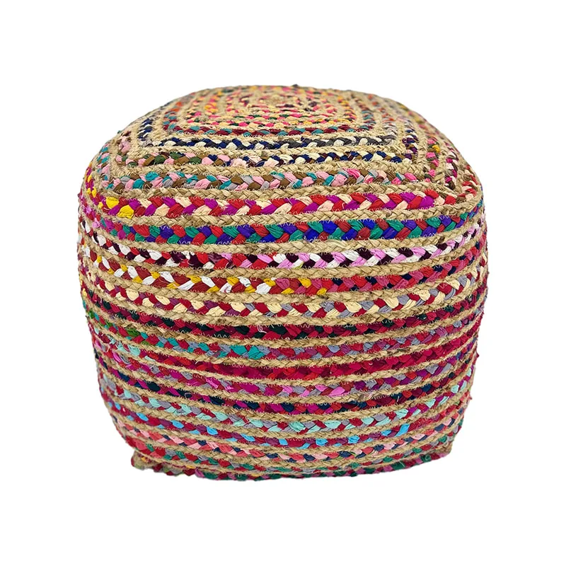 F-PF118-MC Bhuvan square pouffe in natural & Mulitcoloured
