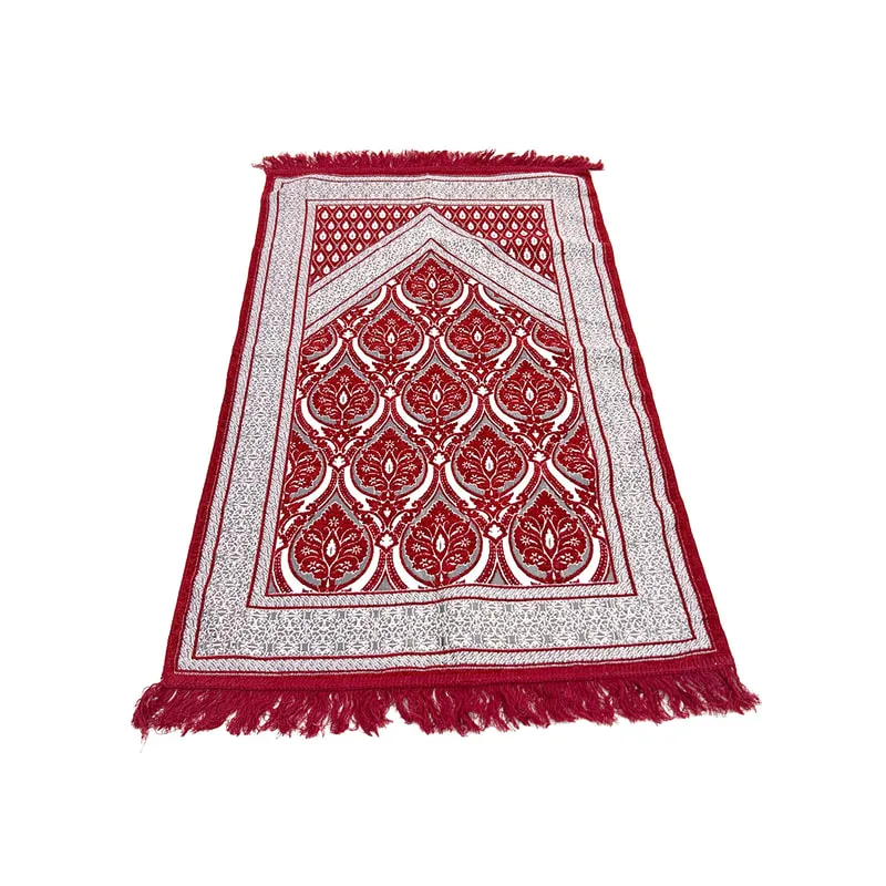 F-PR116-RS Marya prayer mat with dark red and silver arabic pattern, packed in a individual bag
