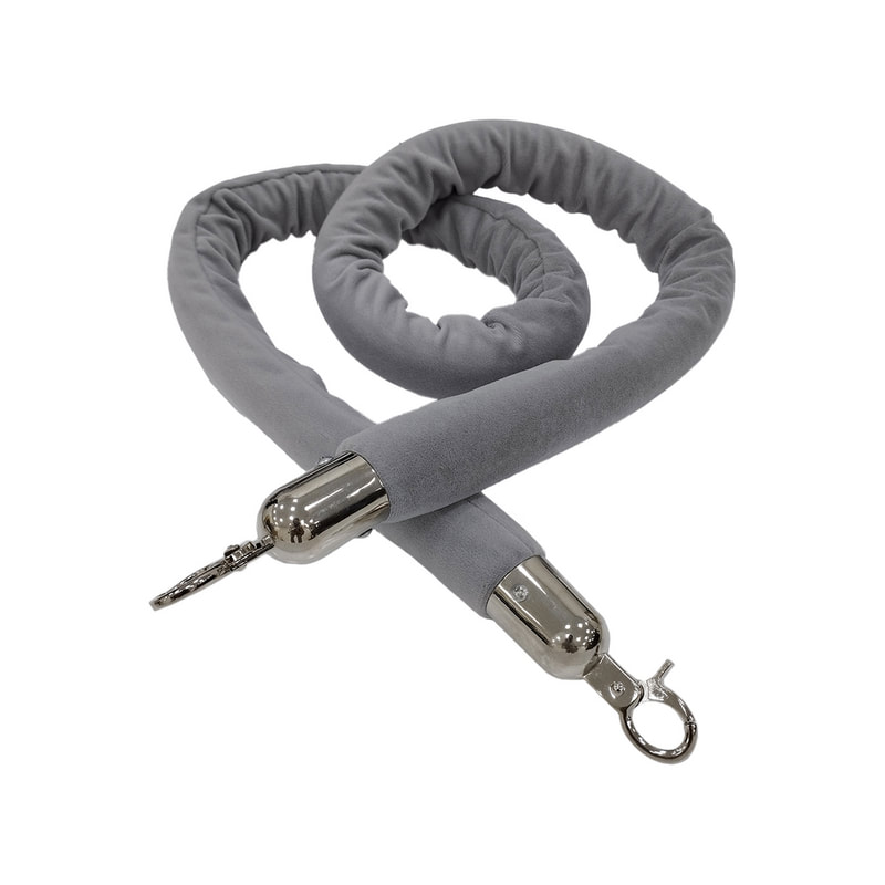 F-RP111-LG - Light grey velvet rope with silver metal ends - 1.5m long