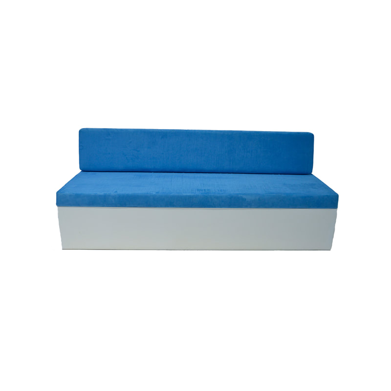 F-SB105-BU three seater Hana bench sofa with white wooden base and blue suede fabric cushions