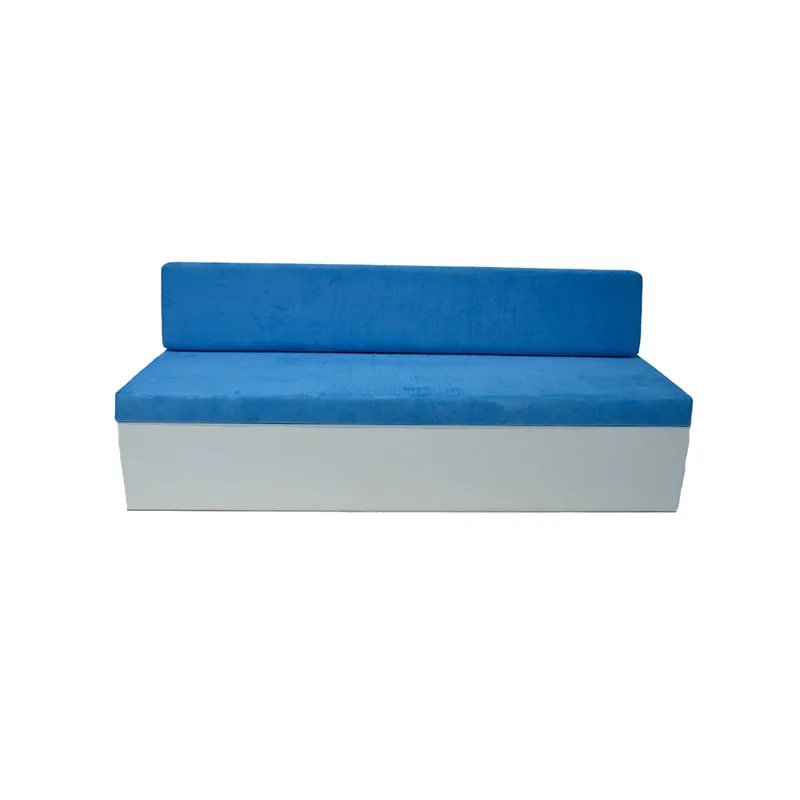 F-SB105-BU three seater Hana bench sofa with white wooden base and blue suede fabric cushions