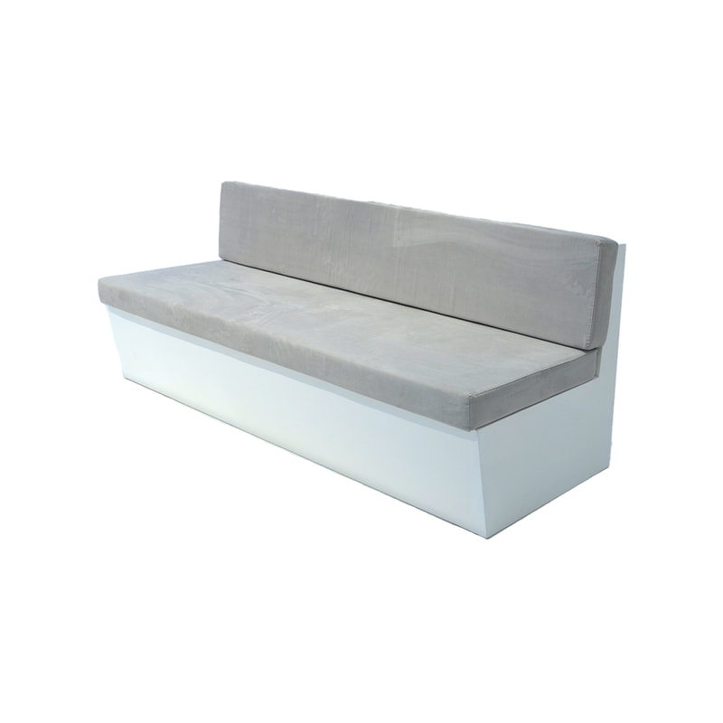 F-SB105-GY three seater Hana bench sofa with white wooden base and grey suede fabric cushions