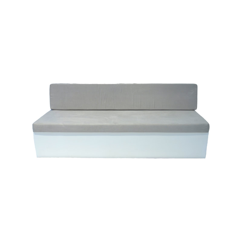 F-SB105-GY three seater Hana bench sofa with white wooden base and grey suede fabric cushions