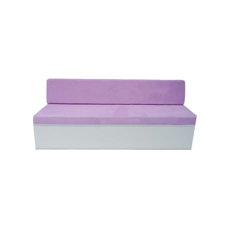 F-SB105-LL three seater Hana bench sofa with white wooden base and lilac suede fabric cushions