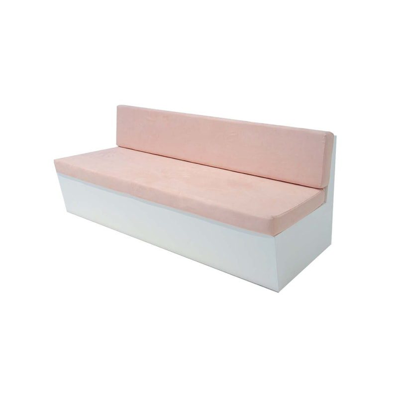 F-SB105-LP three seater Hana bench sofa with white wooden base and light pink suede fabric cushions