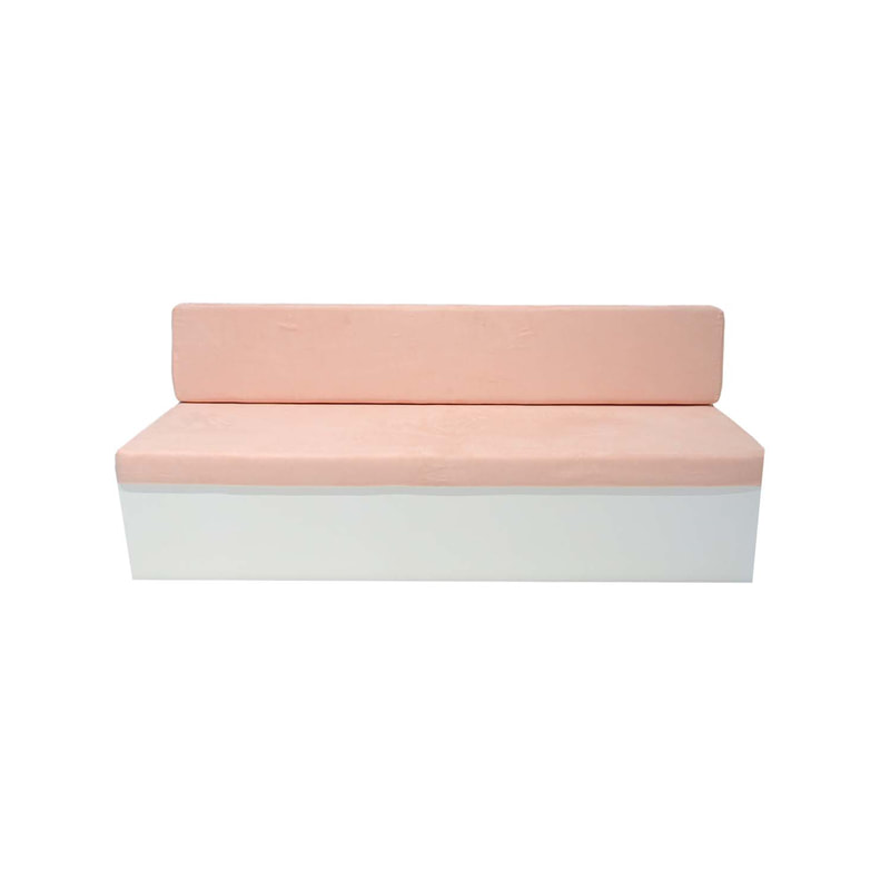 F-SB105-LP three seater Hana bench sofa with white wooden base and light pink suede fabric cushions