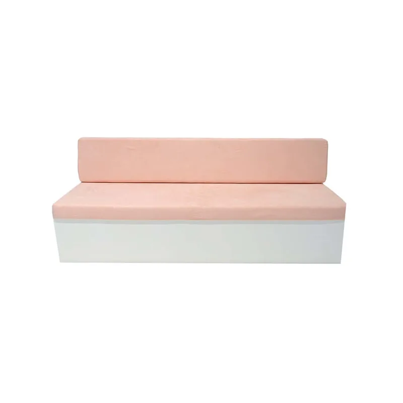 F-SB105-LP three seater Hana bench sofa with white wooden base and light pink suede fabric cushions
