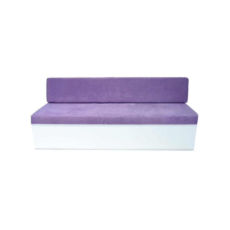 F-SB105-PR three seater Hana bench sofa with white wooden base and purple suede fabric cushions