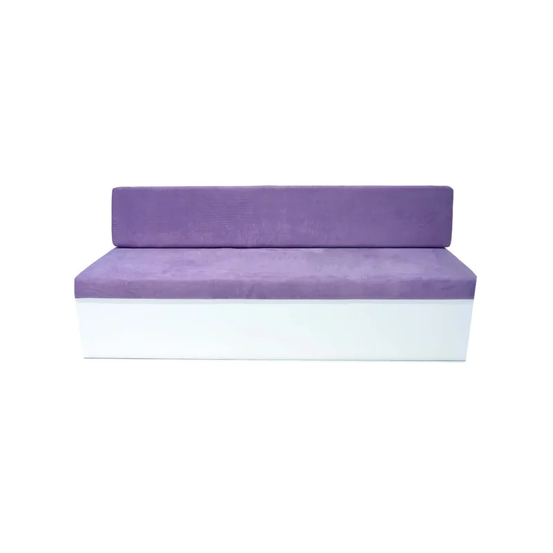 F-SB105-PR three seater Hana bench sofa with white wooden base and purple suede fabric cushions