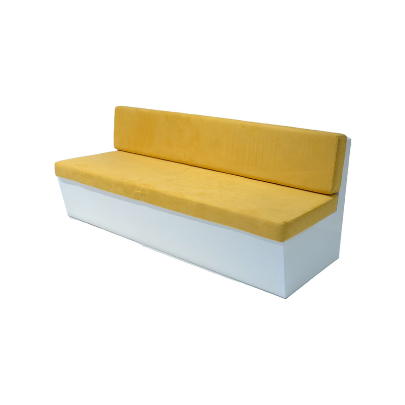 F-SB105-YL three seater Hana bench sofa with white wooden base and yellow suede fabric cushions
