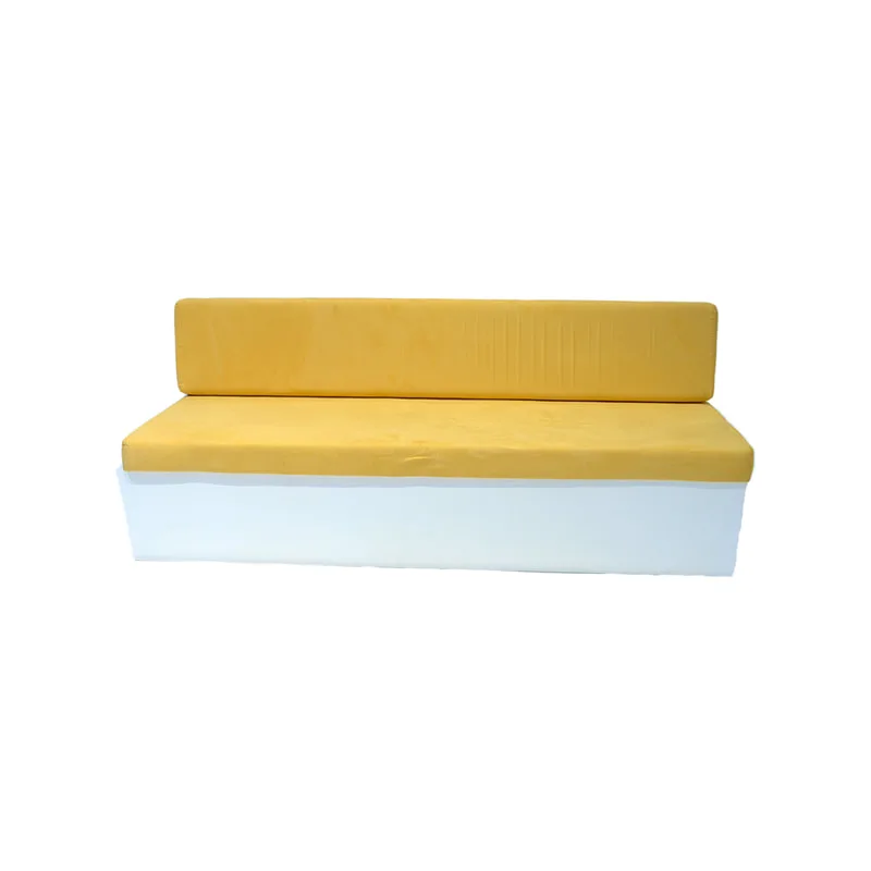 F-SB105-YL three seater Hana bench sofa with white wooden base and yellow suede fabric cushions