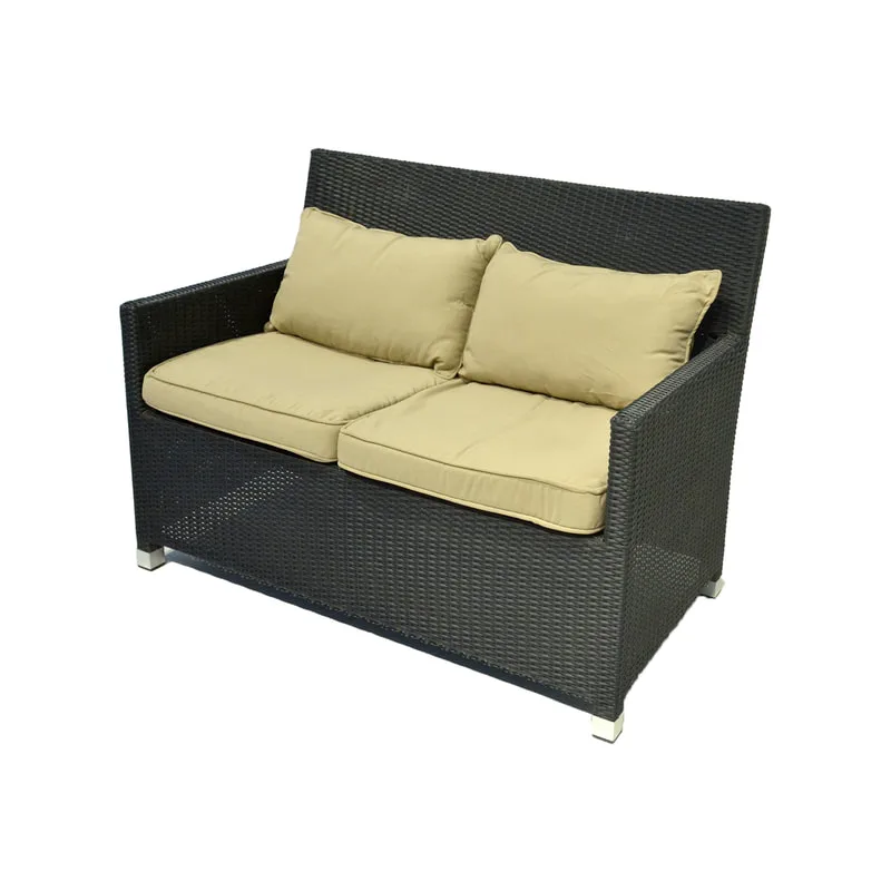 F-SD162-BD Gubi double seater sofa in dark brown rattan with beige cushions