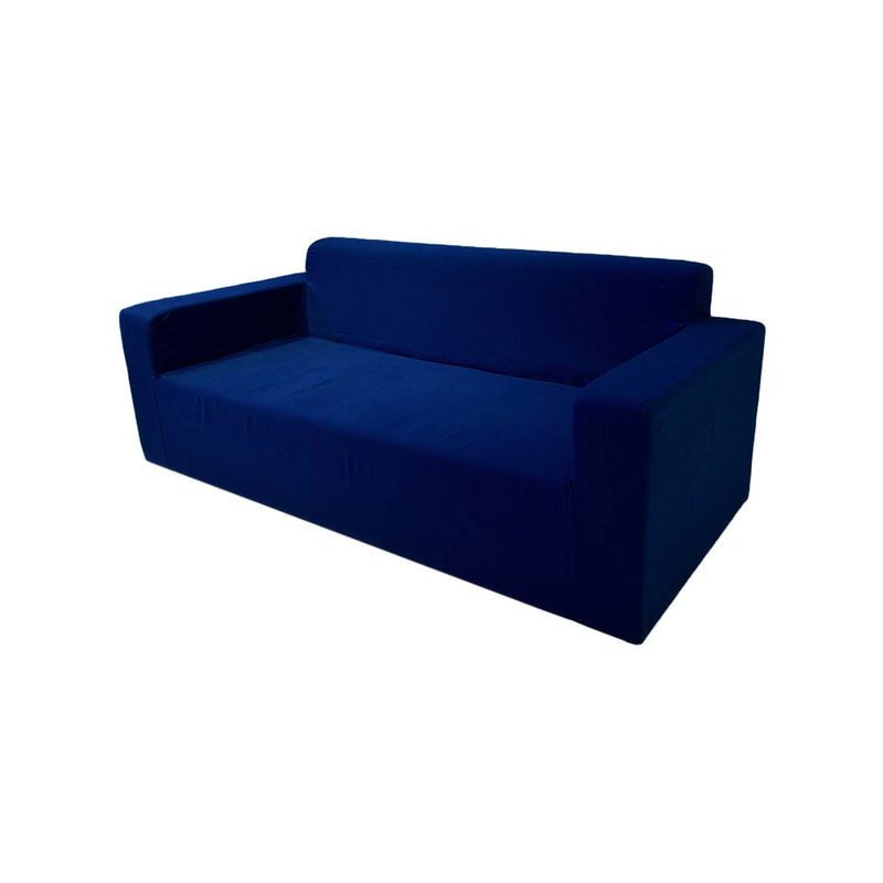 F-SD176-DB Alden double seater sofa in dark blue fabric with armrests & wooden legs