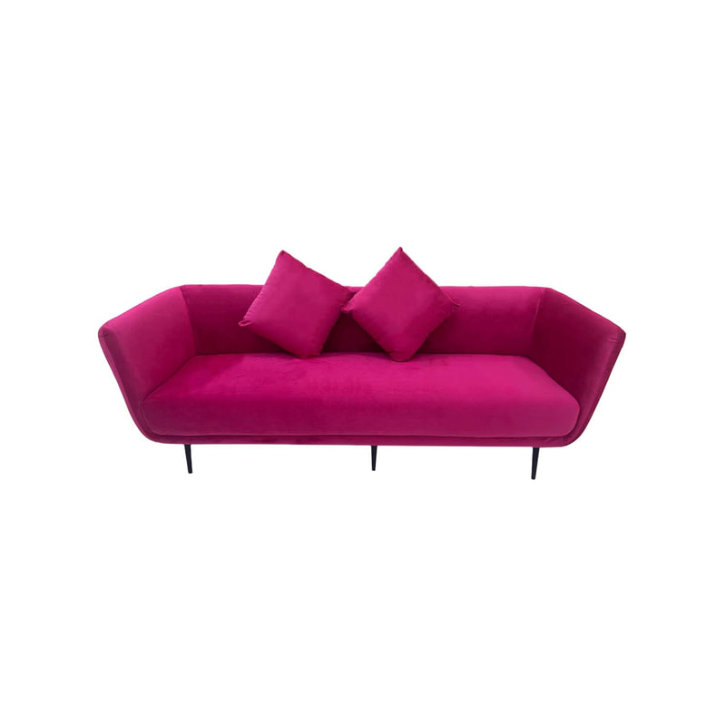 F-SF107-HP Rio three seater sofa in hot pink velvet with silver legs