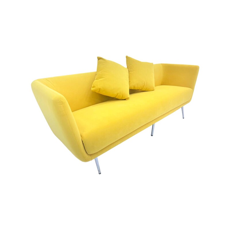 F-SF107-YL Rio three seater sofa in yellow velvet with silver legs