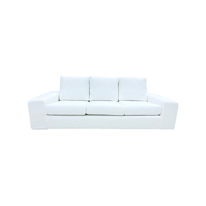 F-SF110-WH Berlin three seater sofa in white fabric with wooden legs
