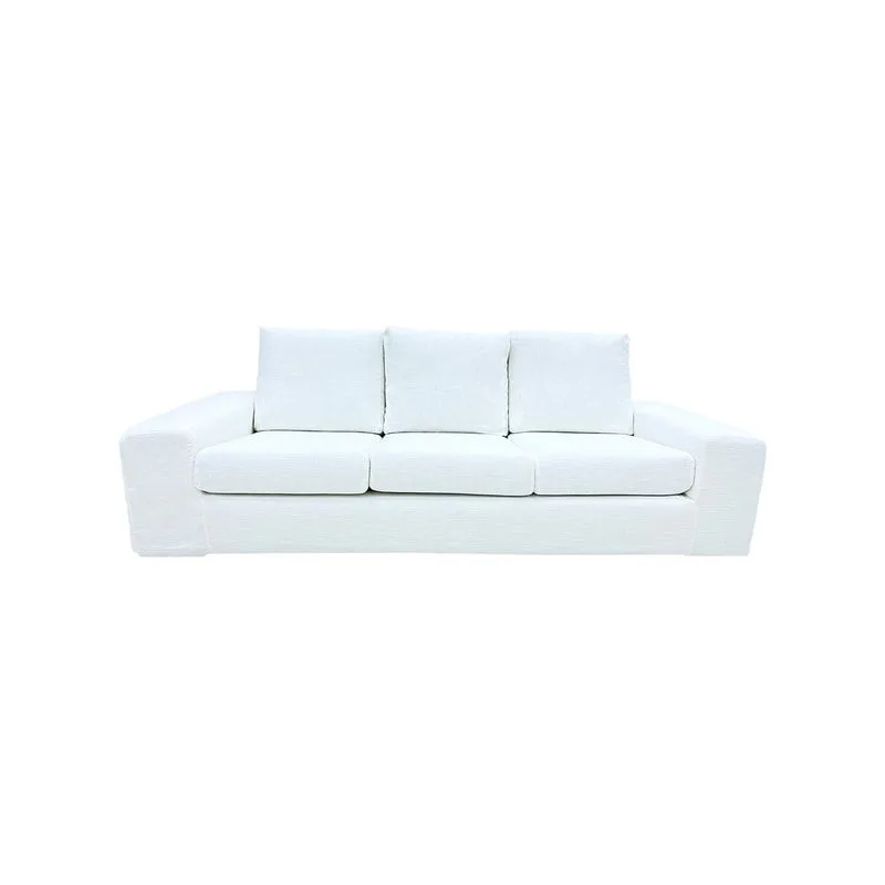 F-SF110-WH Berlin three seater sofa in white fabric with wooden legs