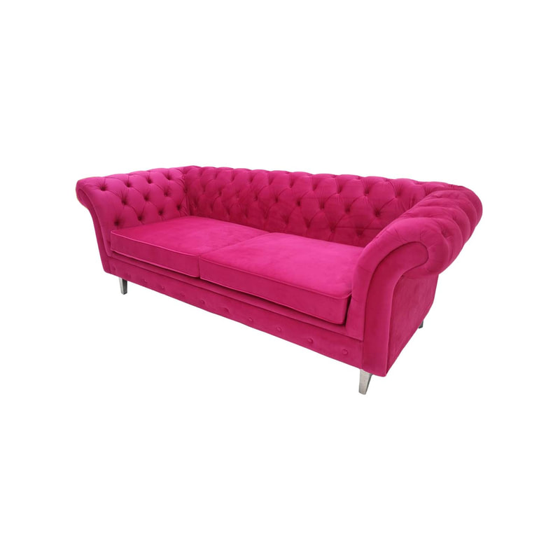 F-SF116-HP Amina three seater sofa in hot pink velvet with silver feet