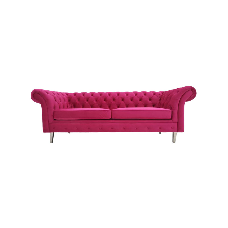 F-SF116-HP Amina three seater sofa in hot pink velvet with silver feet