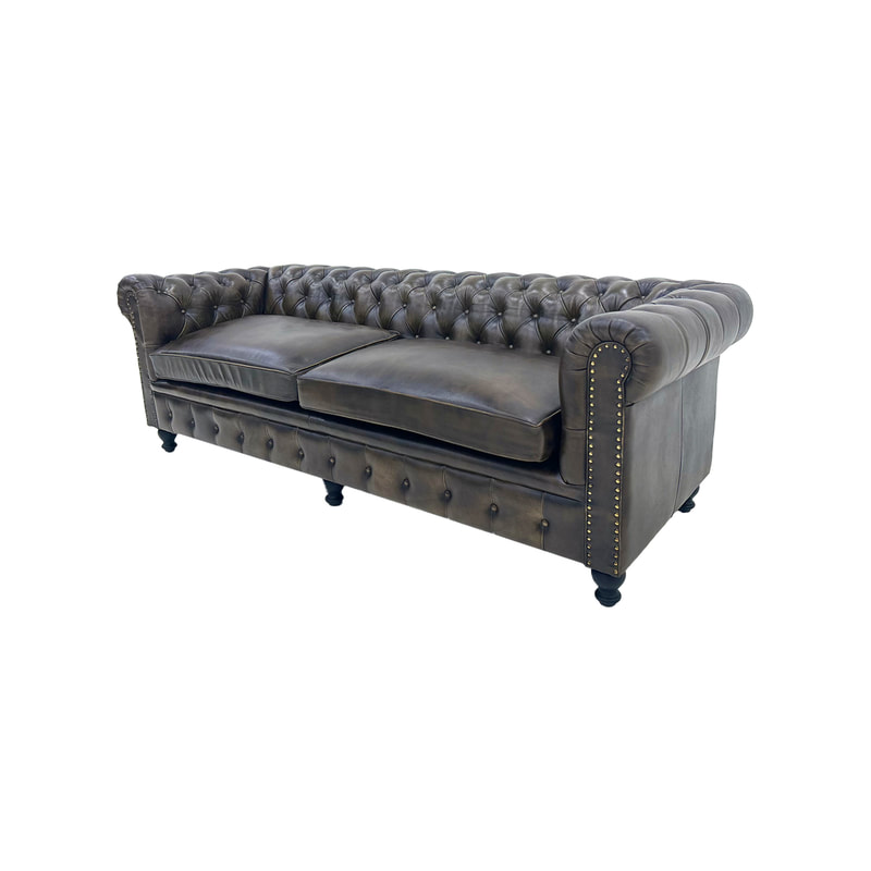 F-SF120-DT Churchill three seater sofa in dark tan genuine leather with wooden feet