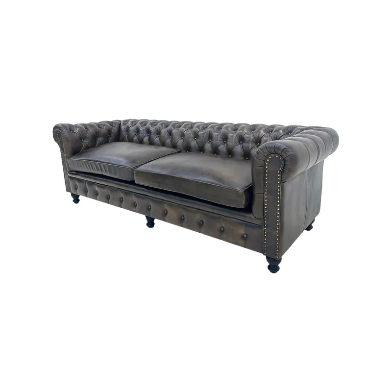 F-SF120-DT Churchill three seater sofa in dark tan genuine leather with wooden feet
