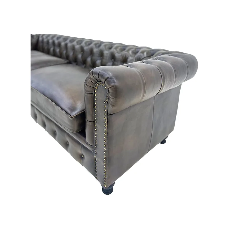 F-SF120-DT Churchill three seater sofa in dark tan genuine leather with wooden feet