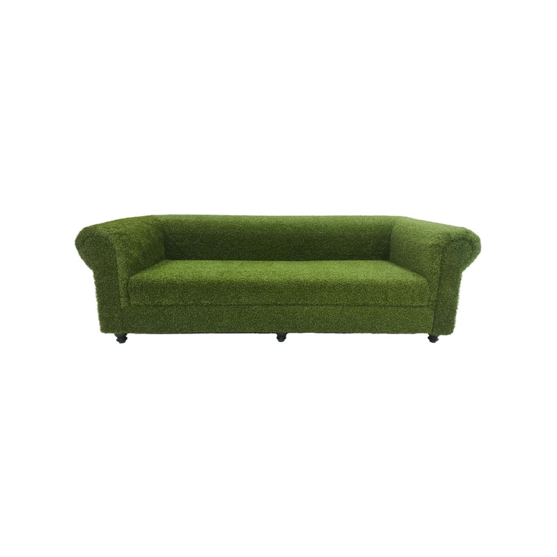 F-SF121-GS Eden three seater sofa finished in artificial grass with dark wooden feet