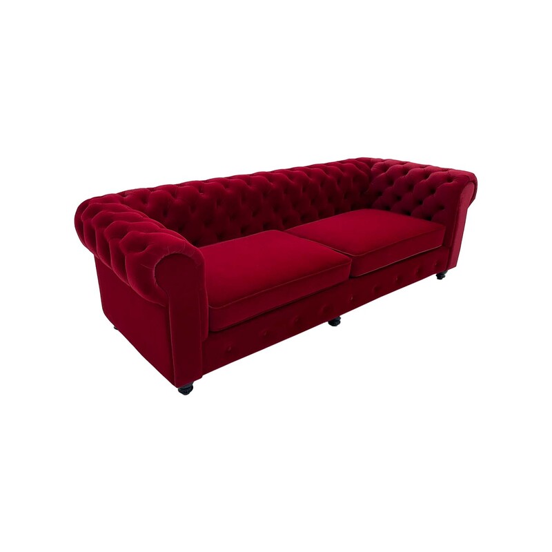 F-SF124-DR Botello three seater sofa in dark red velvet with gold feet