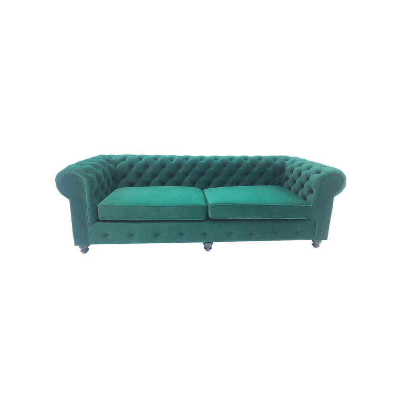 F-SF124-EG Botello three seater sofa in emerald green velvet with black feet