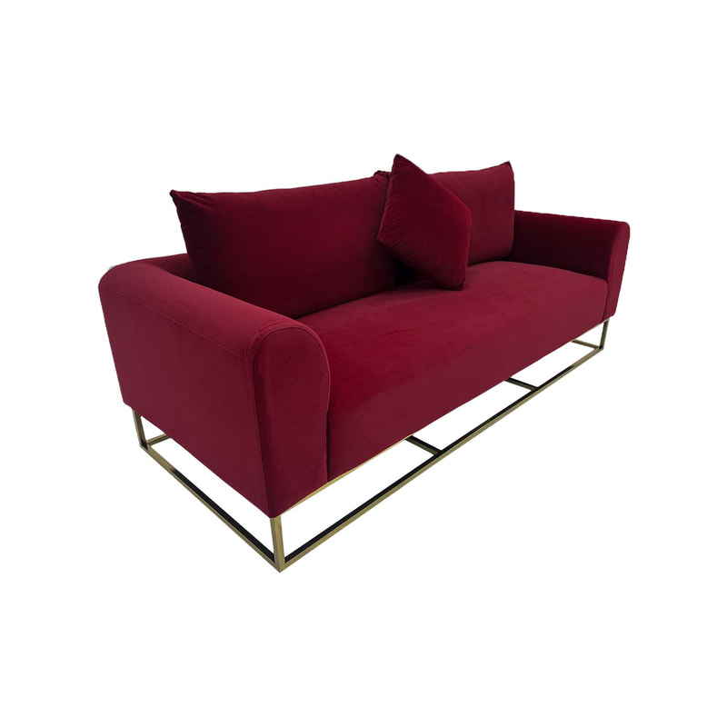 F-SF126-DR Empire three seater sofa in dark red velvet with gold frame