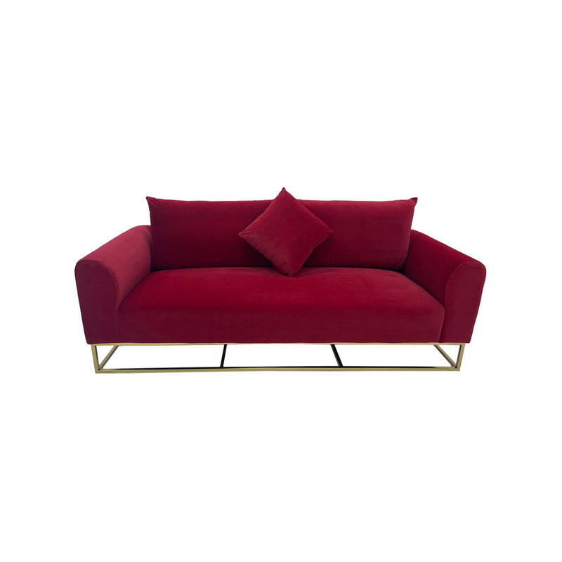 F-SF126-DR Empire three seater sofa in dark red velvet with gold frame