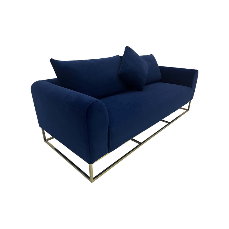 F-SF126-MB Empire three seater sofa in midnight blue velvet with gold frame