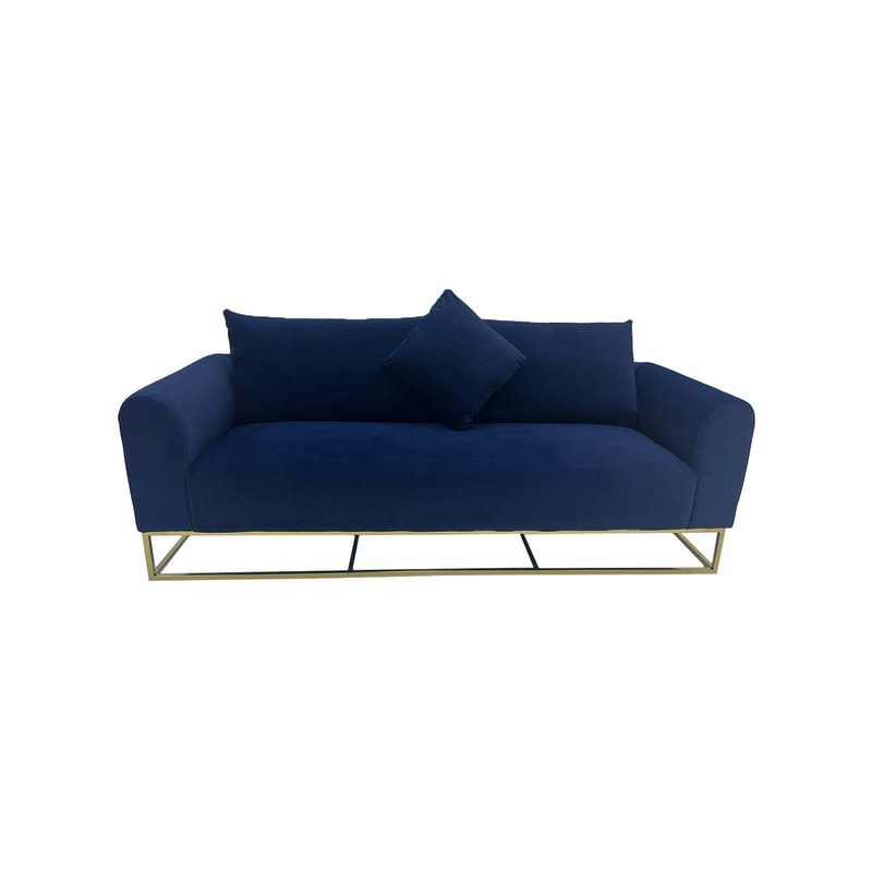 F-SF126-MB Empire three seater sofa in midnight blue velvet with gold frame