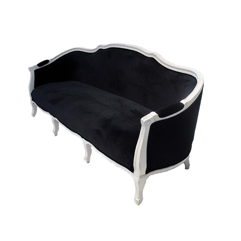 F-SF132-BL Vienna three seater sofa in black velvet fabric with white painted wooden legs