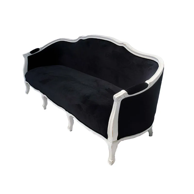 F-SF132-BL Vienna three seater sofa in black velvet fabric with white painted wooden legs
