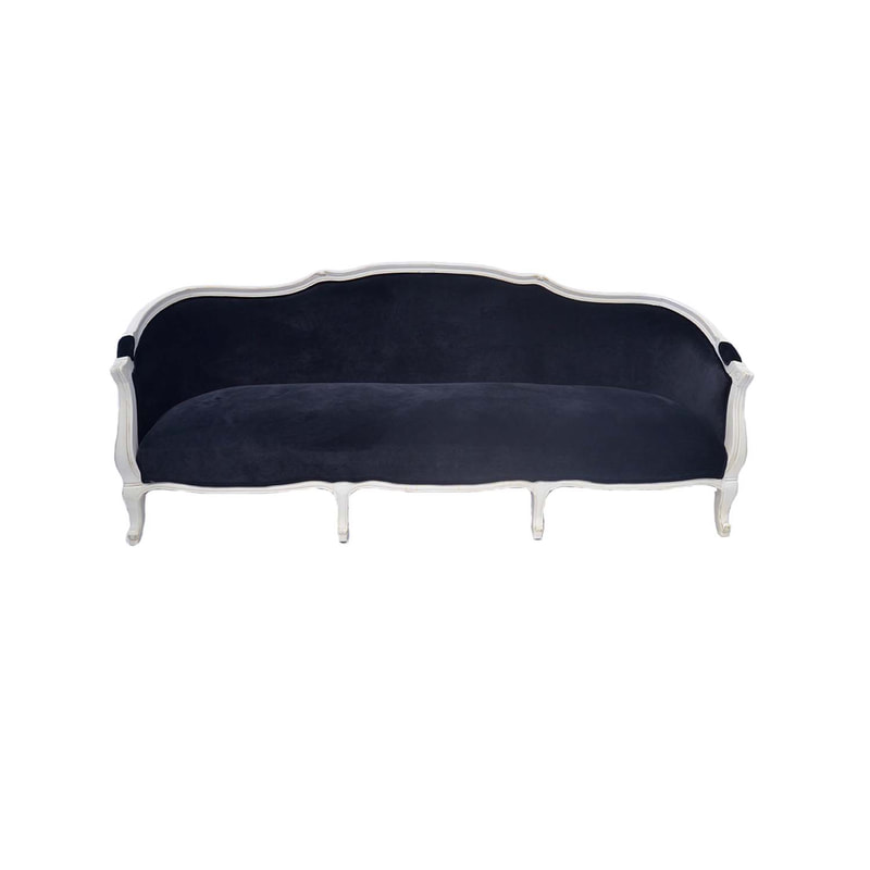 F-SF132-BL Vienna three seater sofa in black velvet fabric with white painted wooden legs
