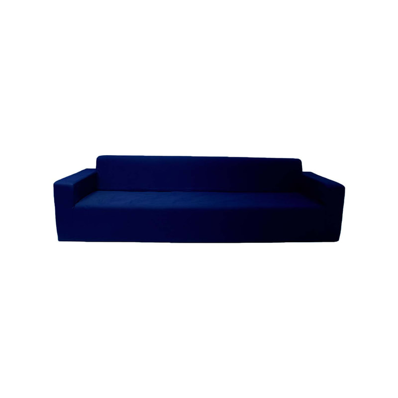 F-SF176-DB Alden three seater sofa in dark blue fabric with armrests and wooden legs