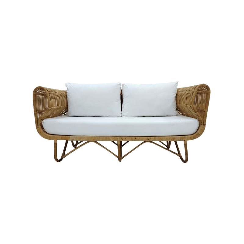 F-SF201-NT - Baja three seater sofa with natural cane frame and white cushions 