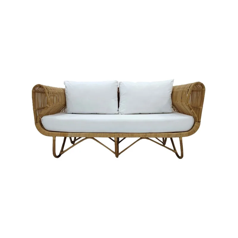 F-SF201-NT - Baja three seater sofa with natural cane frame and white cushions 