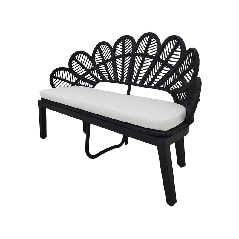F-SF202-BL Bella two seater sofa with natural cane frame in black and white fabric seat cushion