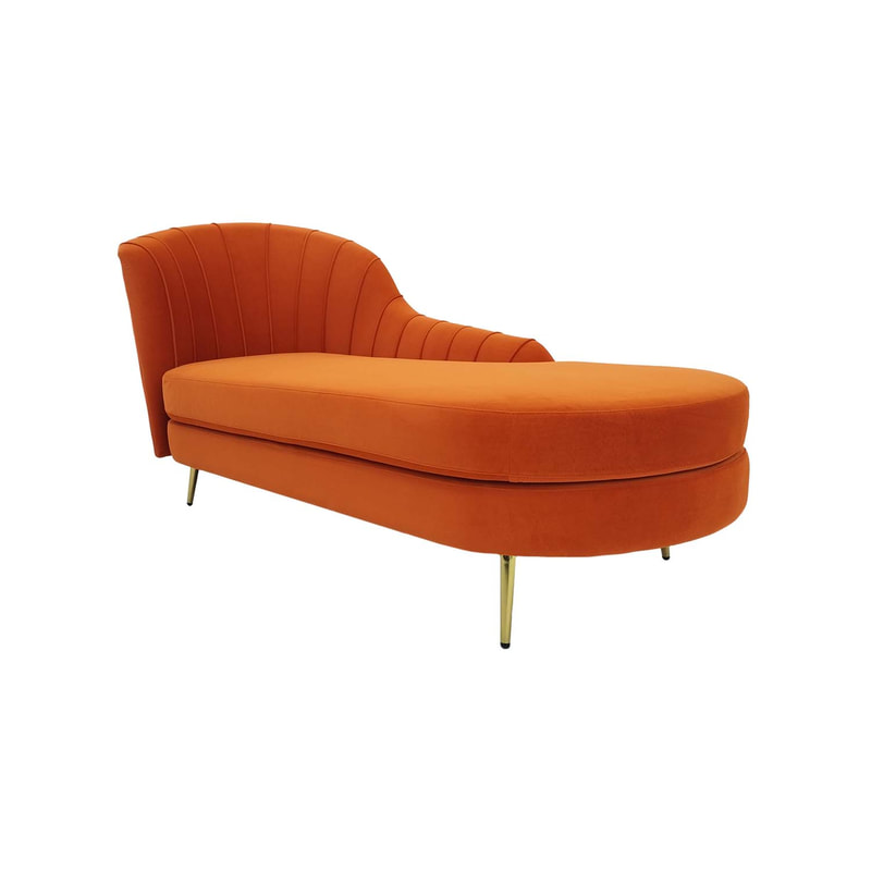 F-SL104-PO Monroe chaise longue in pumpkin orange velvet with gold legs