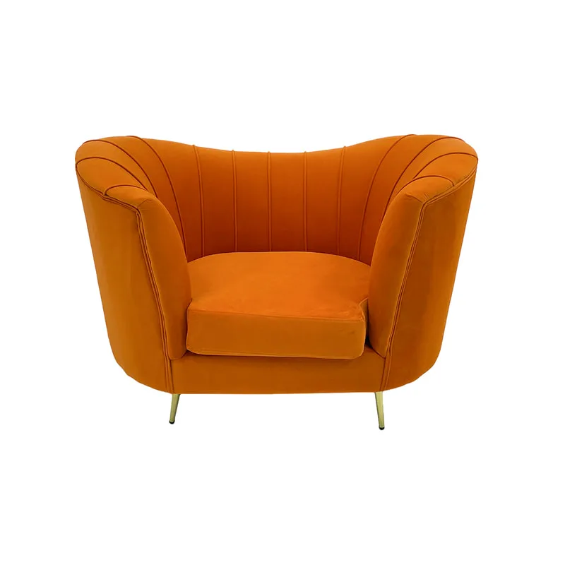 F-SN104-PO Monroe single seater sofa in pumpkin orange velvet with gold legs