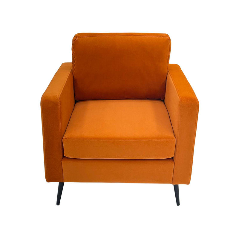F-SN105-PO Capri single seater sofa in pumpkin orange velvet with black legs