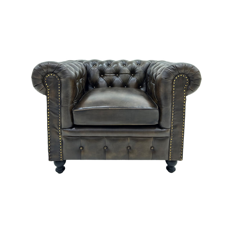 F-SF120-DT Churchill single seater sofa in dark tan genuine leather with wooden feet
