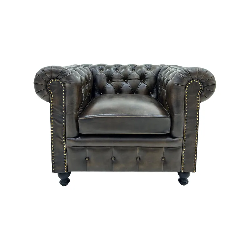 F-SF120-DT Churchill single seater sofa in dark tan genuine leather with wooden feet